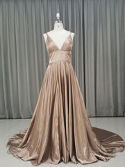 Simple v neck satin champagne long prom Dresses champagne evening Dresses