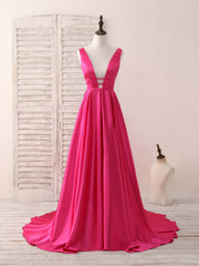 Simple V Neck Satin Long Prom Dresses Backless Evening Dresses