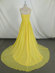 Simple V Neck Yellow Chiffon Long Prom Dresses, Yellow Evening Dresses