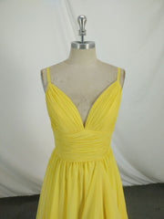 Simple V Neck Yellow Chiffon Long Prom Dresses, Yellow Evening Dresses