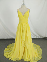 Simple V Neck Yellow Chiffon Long Prom Dresses, Yellow Evening Dresses