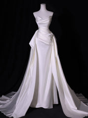 Simple White Mermaid Satin Strapless Pleats Wedding Dresses