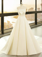 Simple White Satin Strapless Lotus Leaf Wedding Dresses