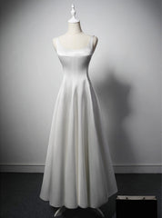 Simple White Satin Straps Ankle Length Wedding Dresses