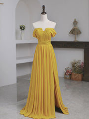 Simple Yellow Off Shoulder Long Prom Dresses, Yellow Chiffon Graduation Dresses