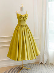 Simple Yellow Satin Tea Length Prom Dresses, Yellow Homecoming Dresses