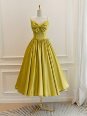 Simple Yellow Satin Tea Length Prom Dresses, Yellow Homecoming Dresses