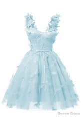 Sky Blue 3D Butterfly Lace Applique Tulle Homecoming Dress for Teens Sweetheart Mini Short Prom Dresses