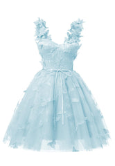 Aplique de encaje de mariposa 3D Sky Blue Vestido de bienvenida para el hogar para adolescentes Mini vestidos de fiesta cortos