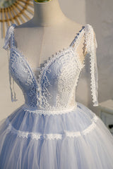 Sky Blue A Line Tulle Lace V Neck Homecoming Dresses