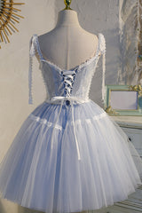 Sky Blue A Line Tulle Lace V Neck Homecoming Dresses