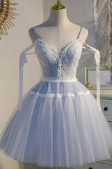 Sky Blue A Line Tulle Lace V Neck Homecoming Dresses