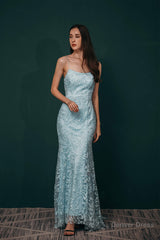 Sky Blue Backless Long Lace Spaghetti Straps Prom Dresses