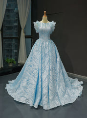 Sky Blue Lace Backless Bateau Haute Couture Quinceanera Prom Dresses