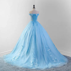 Sky Blue Lace Dresses 3D Flowers Quinceanera Dresses with Train