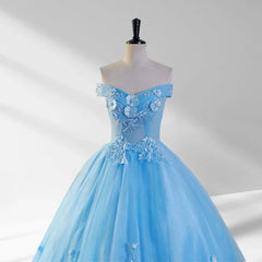 Sky Blue Lace Dresses 3D Flowers Quinceanera Dresses with Train