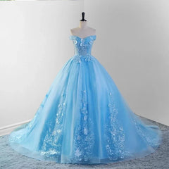 Sky Blue Lace Dresses 3D Flowers Quinceanera Dresses with Train