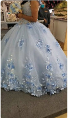 Sky Blue Long Dresses 3D Applique Off Shoulder Ball Gown Quinceanera Dresses