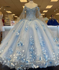 Sky Blue Long Dresses 3D Applique Off Shoulder Ball Gown Quinceanera Dresses