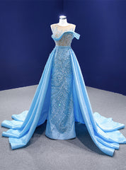 Sky Blue Satin Sequins Beading Prom Dresses