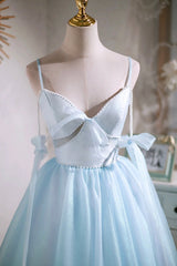 Sky Blue Spaghetti Straps Party Dresses, Cute A-Line Tulle Homecoming Dresses