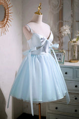 Sky Blue Spaghetti Straps Party Dresses, Cute A-Line Tulle Homecoming Dresses