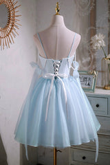 Sky Blue Spaghetti Straps Party Dresses, Cute A-Line Tulle Homecoming Dresses