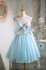 Sky Blue Spaghetti Straps Party Dresses, Cute A-Line Tulle Homecoming Dresses