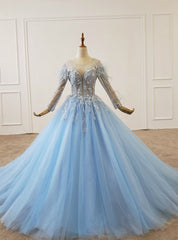 Sky Blue Tulle Long Sleeve Backless Appliques Beading Wedding Dresses