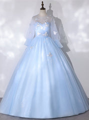 Sky Blue Tulle Long Sleeve Butterfly Quinceanera Dresses