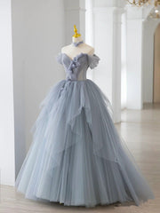 Smoke Gray Ball Gown Off The Shoulder Lace-Up Back Quinceanera Dresses