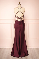 Burgundy Prom Dresses, Sheath/Column Scoop Neck Silk-like Satin Floor-length Ruffles Bridesmaid Dresses