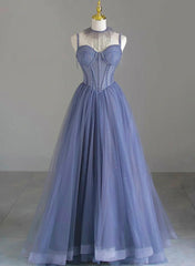 Spaghetti Strap Tulle Beaded Long Prom Dresses, Beautiful A-Line Evening Party Dresses