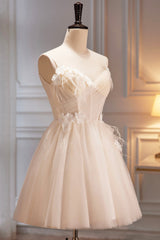 Spaghetti Strap V Neck Tulle Short Prom Dresses, Cute Champagne Homecoming Dresses