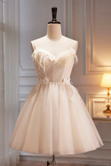 Spaghetti Strap V Neck Tulle Short Prom Dresses, Cute Champagne Homecoming Dresses