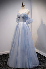 Spaghetti Straps Blue Tulle Long Prom Dress, Off the Shoulder Evening Dress