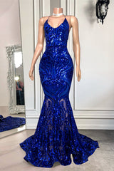 Spaghetti-Straps Mermaid Long Prom Dresses With Sequins in Royal Blue