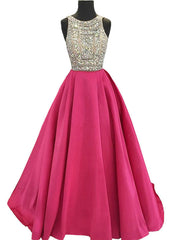 Sparkly Beaded Crystals Hot Pink Satin Backless Prom Dresses