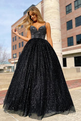 Sparkly Black Spaghetti Straps A-Line Prom Dress