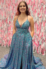 Sparkly Blue A-Line Sequins Long Prom Dress with Pockets