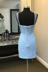 Sparkly Blue Spaghetti Straps Sequins Bodycon Short Corset Homecoming Dresses