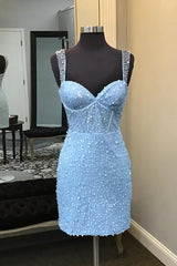 Sparkly Blue Spaghetti Straps Sequins Bodycon Short Corset Homecoming Dresses