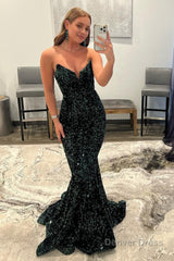 Sparkly Dark Green Sequins Mermaid Sweetheart Long Prom Dress