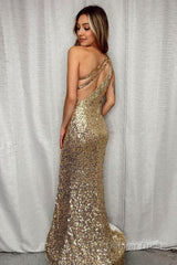 Sparkly Golden One Shoulder Mermaid Sequins Long Prom Dress  with Fringes