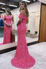 Sparkly Hot Pink One Shoulder Sequins Long Prom Dress