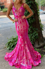 Sparkly Orange Sequin V-Neck Mermaid Long Prom Dress