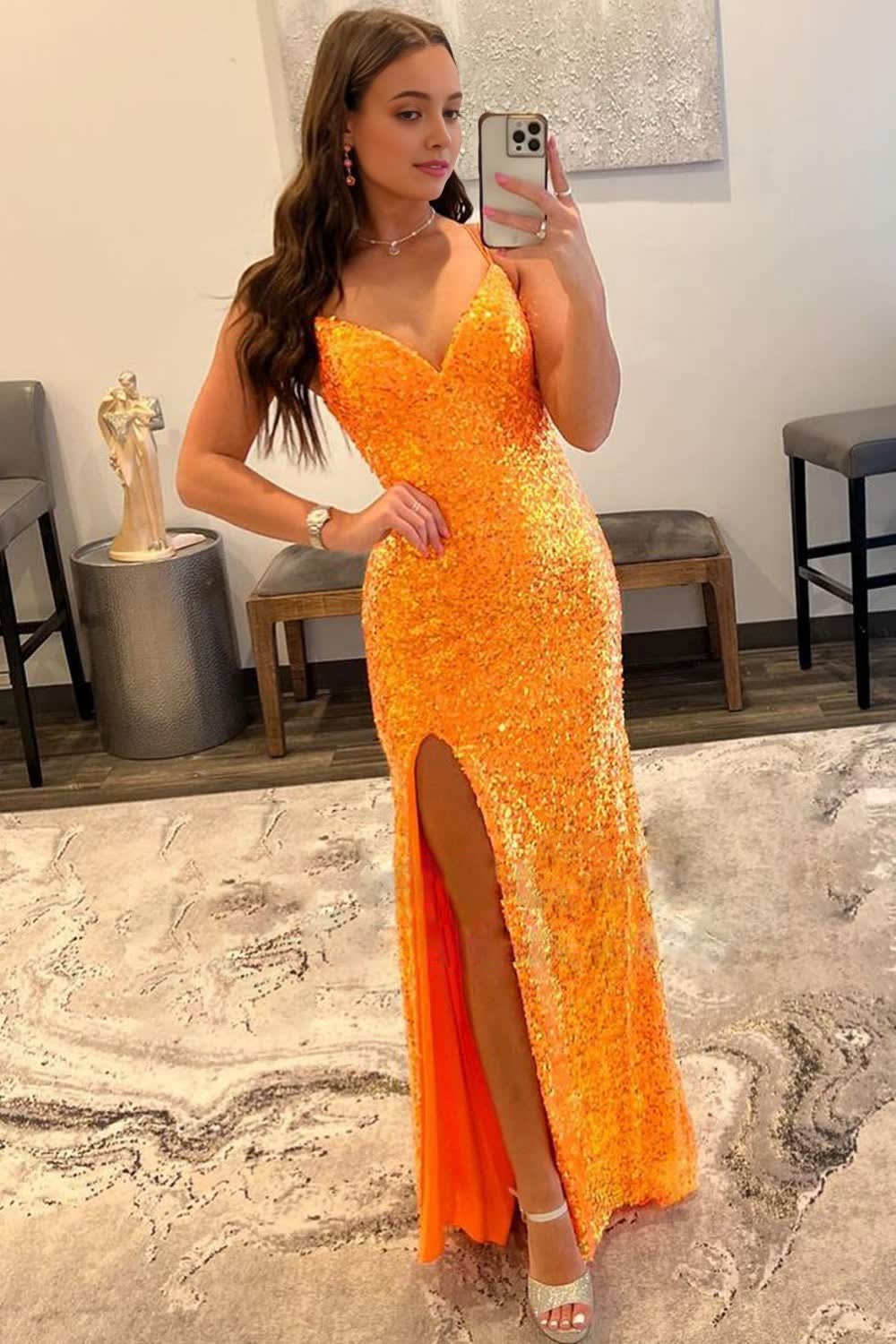 sparkly orange sequins long prom dress with slit