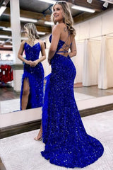 sparkly royal blue sequins long mermaid prom dress with feathers