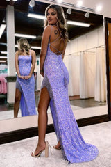 Sparkly Spaghetti Straps Lilac Sequins Long Prom Dress