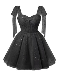 Funkelnde sternenschwarze Tulle kurze Heimkehrkleider Spaghetti Bogenriemen Prom Kleid Pailletten Cocktail Party Kleid für Teenager